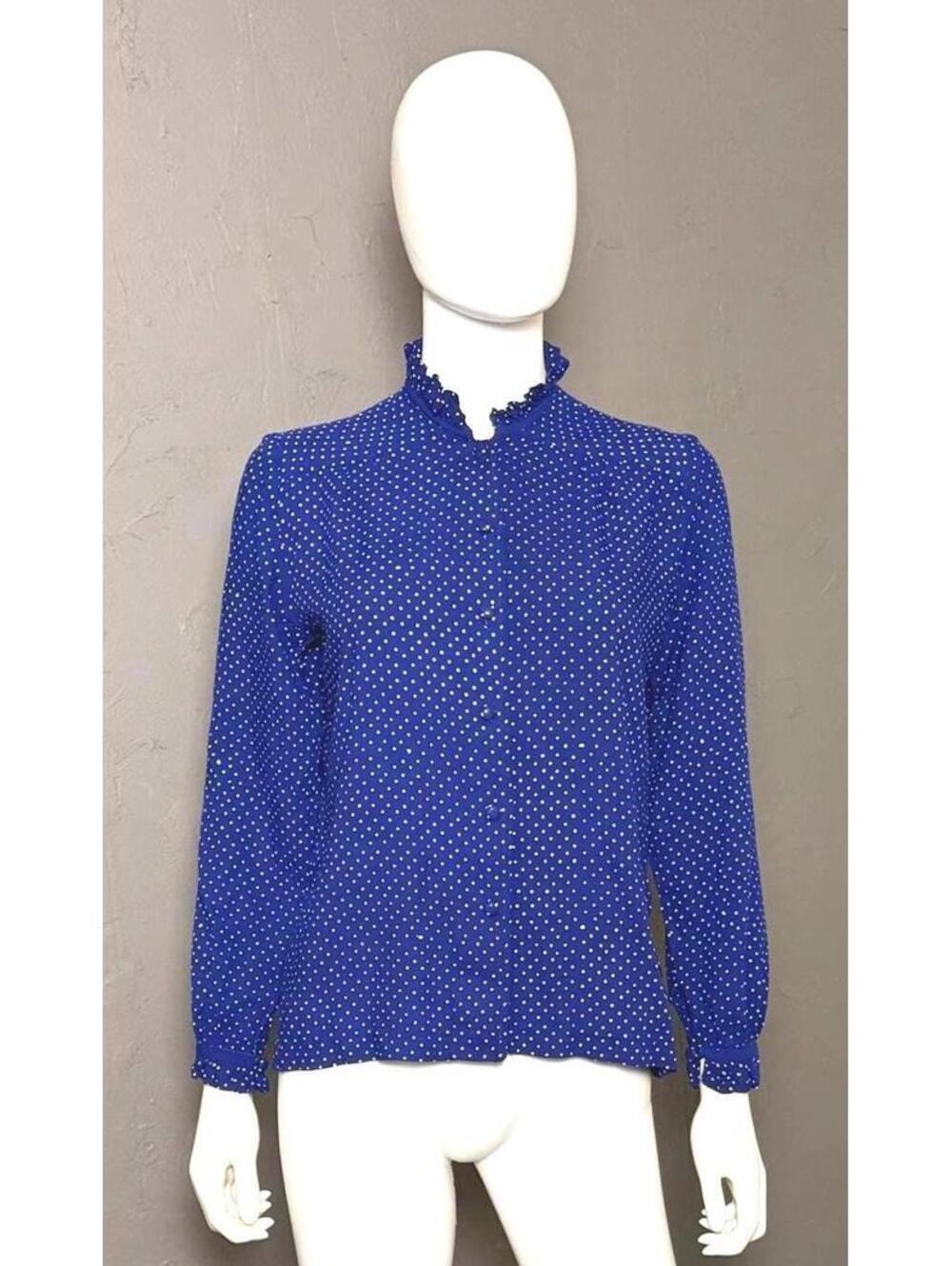 1940's Royal Blue and White Polka Dot Blouse Ruffle Neck and Cuff by Danar Hadi
